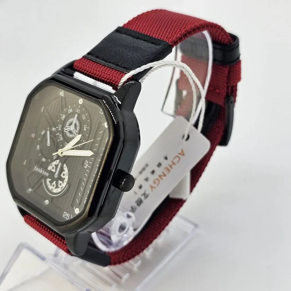 Men's Minimalist Watch 42MM Black Dial Date Indicator Black Red Canvas Bands‎